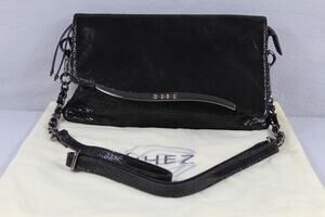 CHEZ Crossbody Bag Womens Small Black Faux Leather Chain Rhinestone Party